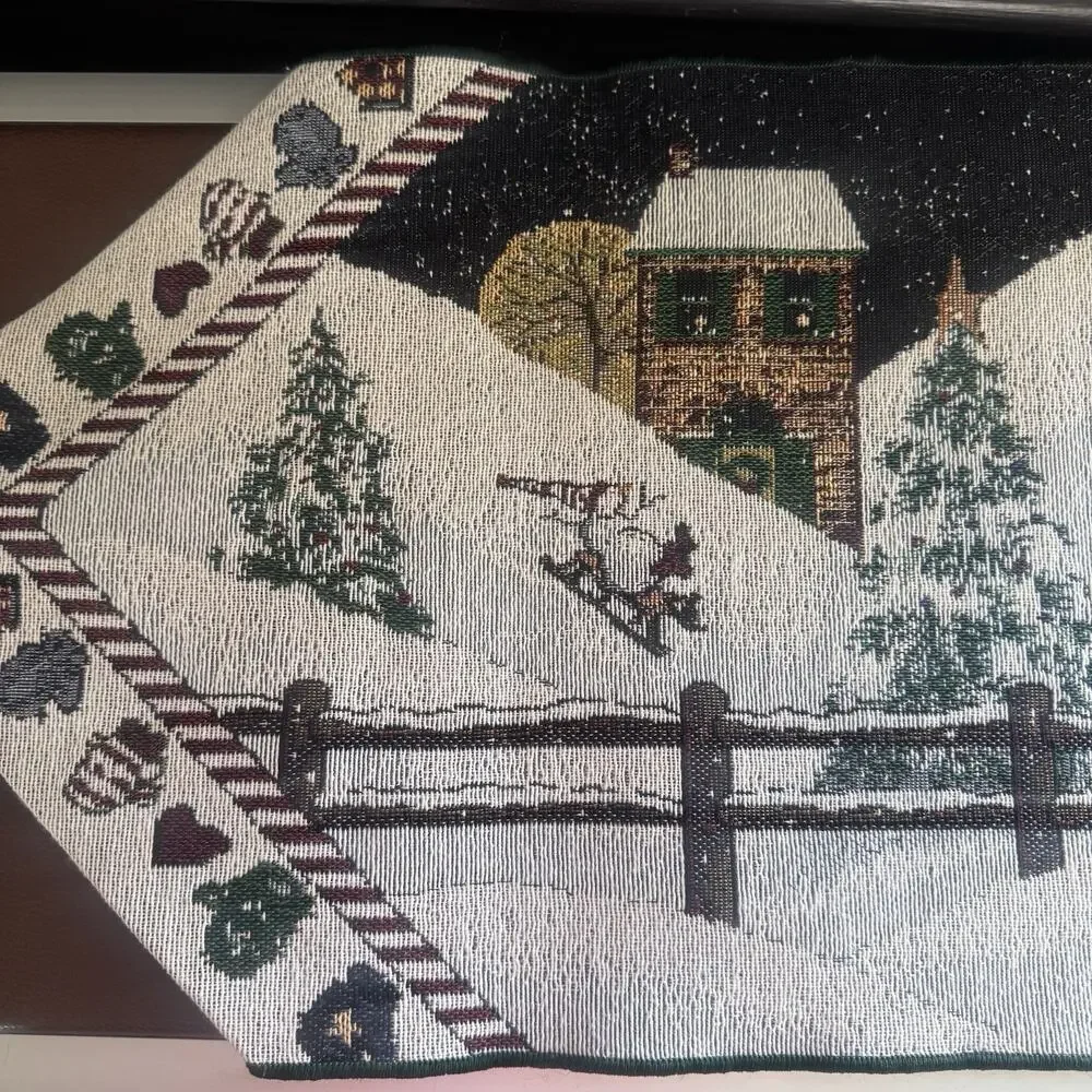 Christmas Snowman Table Runner Tapestry Winter Scene Home Decor 70